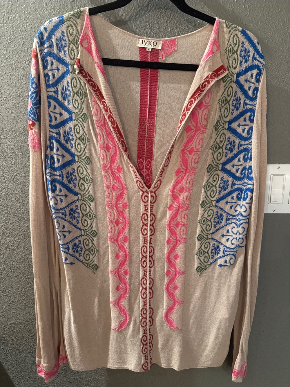 IVKO Beige Knit Cardigan with Pink, Blue & Green Embroidery